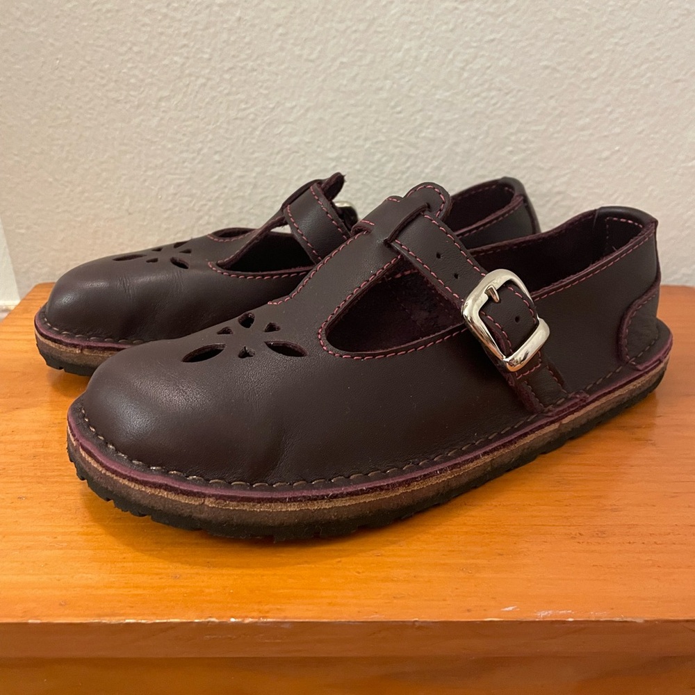 Conkers T-Bar Leather Mary Jane Flats in Fig Full Grain Leather